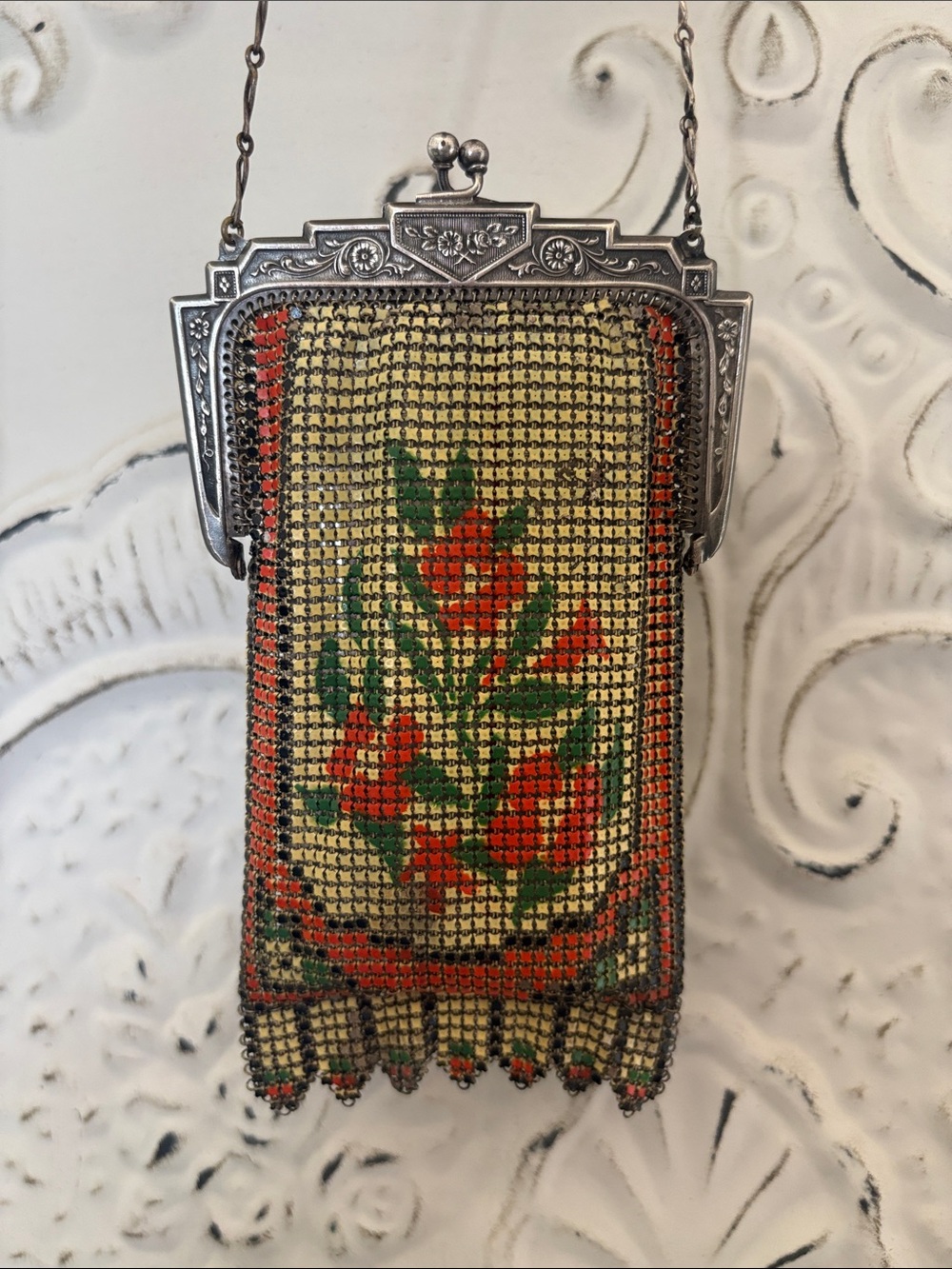 Vintage Floral Mesh Evening Bag in Cream, Red and Green